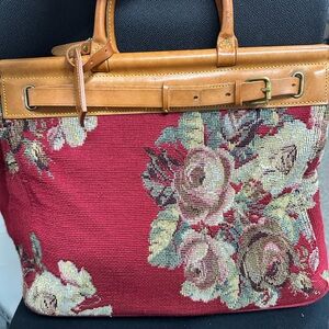 Ralph LaurenTapestry Floral Tote Bag in Red with Tan Trim
